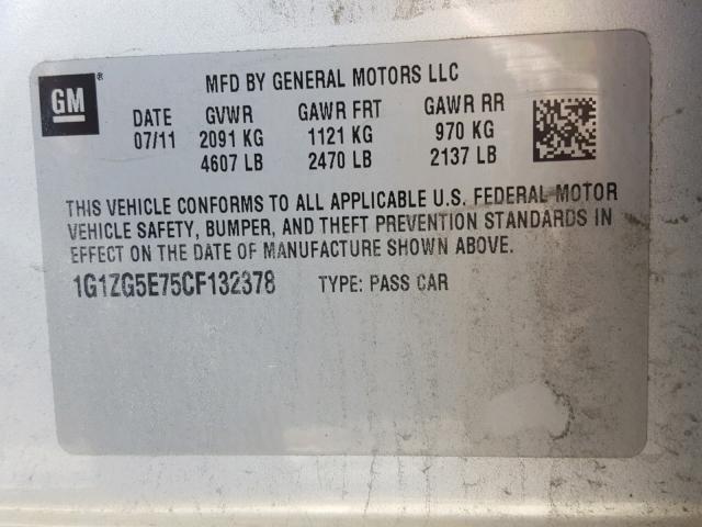 1G1ZG5E75CF132378 - 2012 CHEVROLET MALIBU LTZ ვერცხლისფერი ფოტო 10