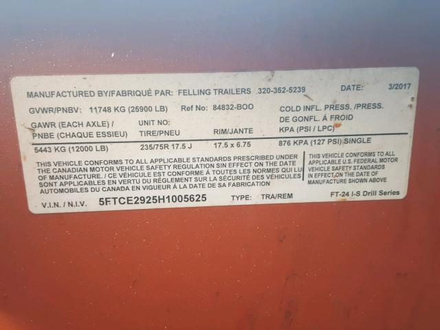 5FTCE2925H1005625 - 2017 UTILITY TRAILER Narıncı foto 10