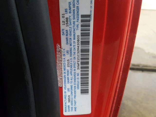 3VWFE21C32M430800 - 2002 VOLKSWAGEN NEW BEETLE 红色 照片 10