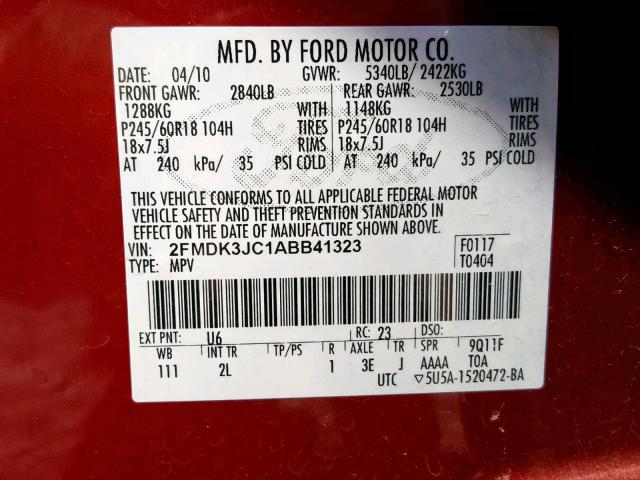 2FMDK3JC1ABB41323 - 2010 FORD EDGE SEL RED photo 10