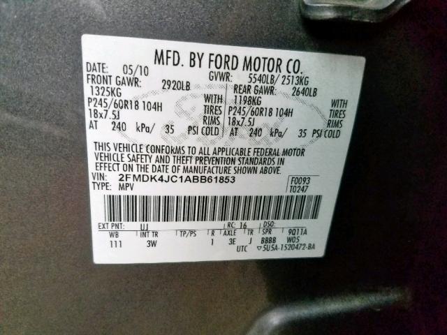 2FMDK4JC1ABB61853 - 2010 FORD EDGE SEL GRAY photo 10