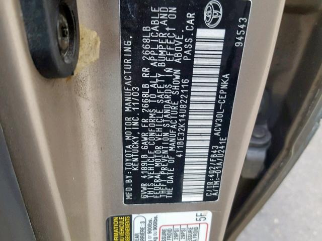 4T1BE32K14U822116 - 2004 TOYOTA CAMRY LE GOLD photo 10