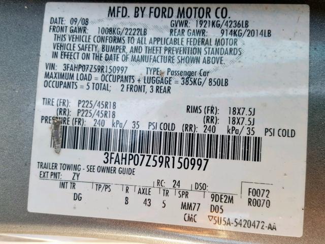 3FAHP07Z59R150997 - 2009 FORD FUSION SE GRAY photo 10