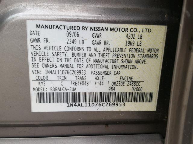 1N4AL11D76C269953 - 2006 NISSAN ALTIMA S GRAY photo 10