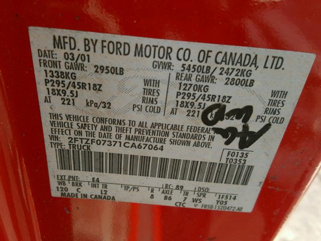 2FTZF07371CA67064 - 2001 FORD F150 SVT L RED photo 10