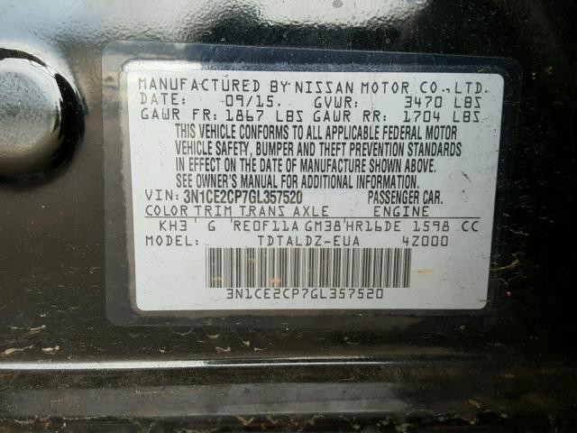 3N1CE2CP7GL357520 - 2016 NISSAN VERSA NOTE BLACK photo 10