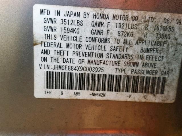 JHMGE884X9C003925 - 2009 HONDA FIT SPORT SILVER photo 10