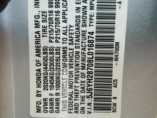 5J6YH28708L016874 - 2008 HONDA ELEMENT EX SILVER photo 10