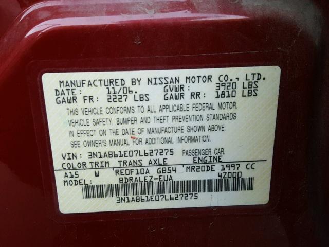 3N1AB61E07L627275 - 2007 NISSAN SENTRA 2.0 RED photo 10