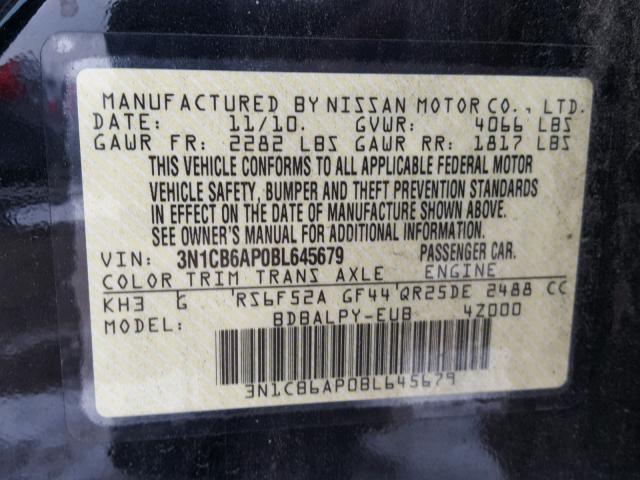 3N1CB6AP0BL645679 - 2011 NISSAN SENTRA SE- BLACK photo 10