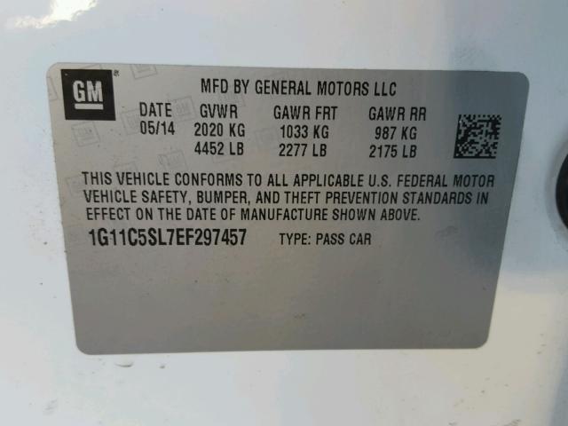 1G11C5SL7EF297457 - 2014 CHEVROLET MALIBU 1LT თეთრი ფოტო 10