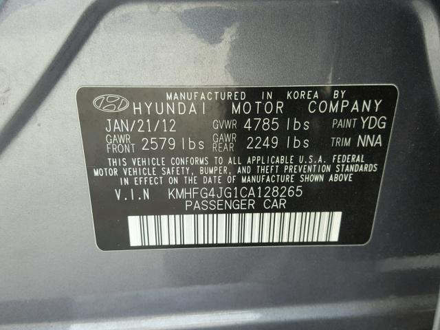 KMHFG4JG1CA128265 - 2012 HYUNDAI AZERA GRAY photo 10