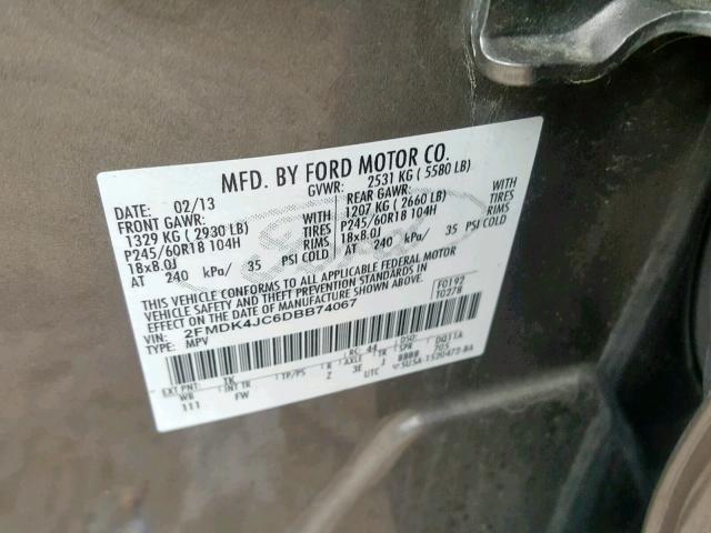 2FMDK4JC6DBB74067 - 2013 FORD EDGE SEL GRAY photo 10