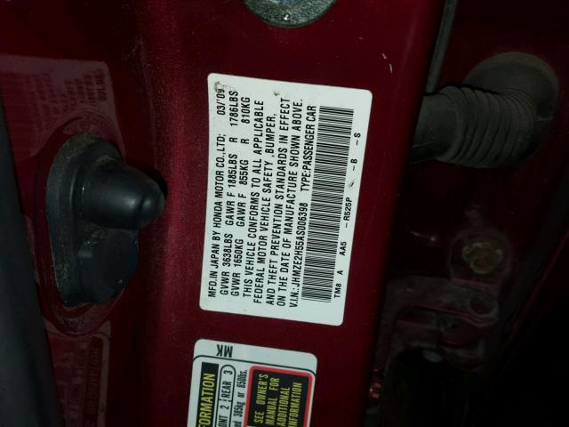 JHMZE2H55AS006398 - 2010 HONDA INSIGHT LX RED photo 10