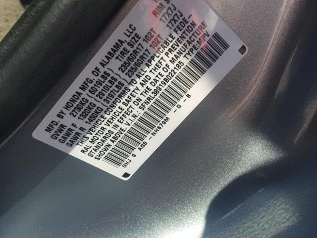 5FNRL38919B022185 - 2009 HONDA ODYSSEY TO SILVER photo 10