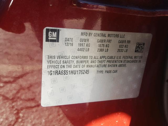 1G1RA6S51HU176245 - 2017 CHEVROLET VOLT LT RED photo 10