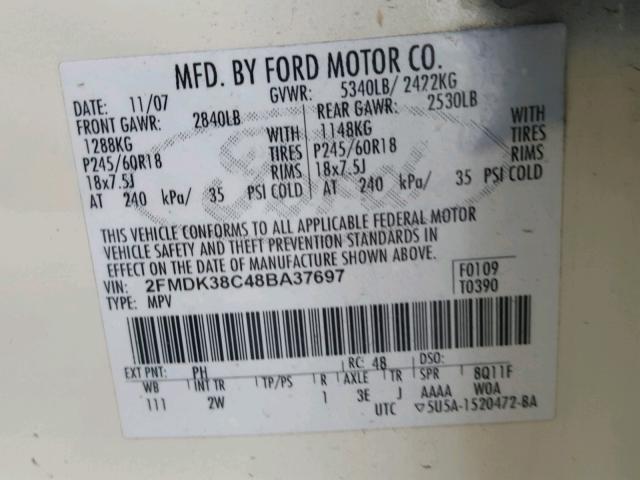 2FMDK38C48BA37697 - 2008 FORD EDGE SEL WHITE photo 10