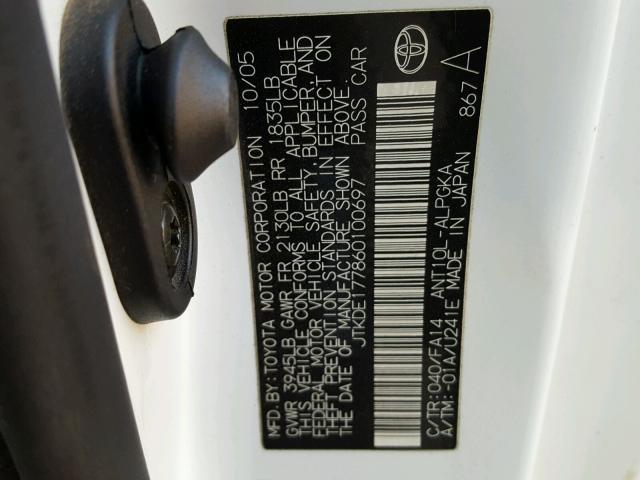 JTKDE177860100697 - 2006 TOYOTA SCION TC 白色 照片 10