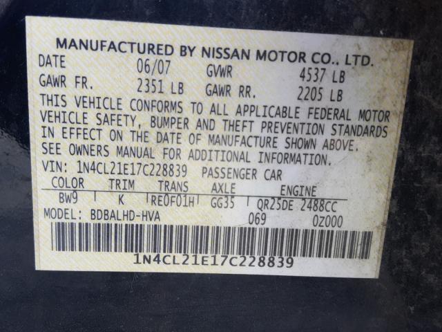 1N4CL21E17C228839 - 2007 NISSAN ALTIMA HYB BLUE photo 10