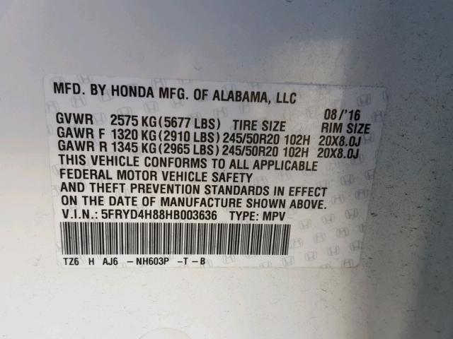 5FRYD4H88HB003636 - 2017 ACURA MDX ADVANC WHITE photo 10