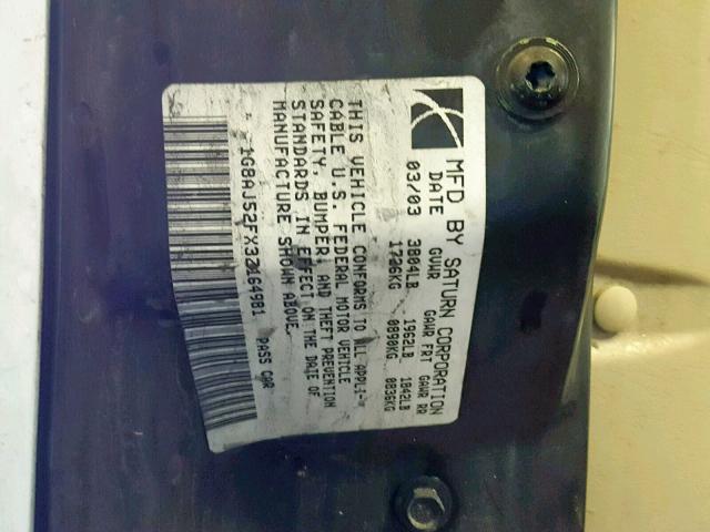 1G8AJ52FX3Z164981 - 2003 SATURN ION LEVEL WHITE photo 10