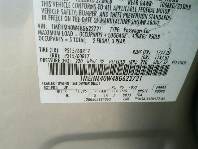 1MEHM40W48G622721 - 2008 MERCURY SABLE LUXU SILVER photo 10