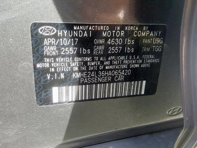 KMHE24L36HA065420 - 2017 HYUNDAI SONATA HYB GRAY photo 10