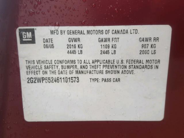 2G2WP552461101573 - 2006 PONTIAC GRAND PRIX Қызыл фото 10