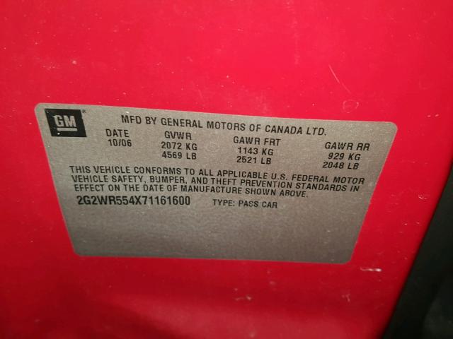 2G2WR554X71161600 - 2007 PONTIAC GRAND PRIX წითელი ფოტო 10