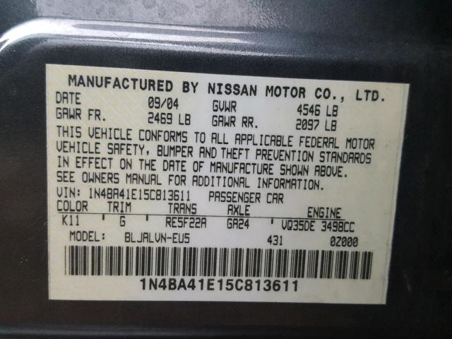 1N4BA41E15C813611 - 2005 NISSAN MAXIMA SE GRAY photo 10