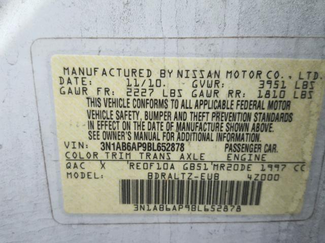 3N1AB6AP9BL652878 - 2011 NISSAN SENTRA 2.0 WHITE photo 10