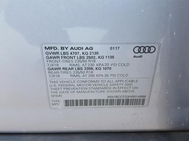 WA1BCCFS3HR014566 - 2017 AUDI Q3 PREMIUM SILVER photo 10