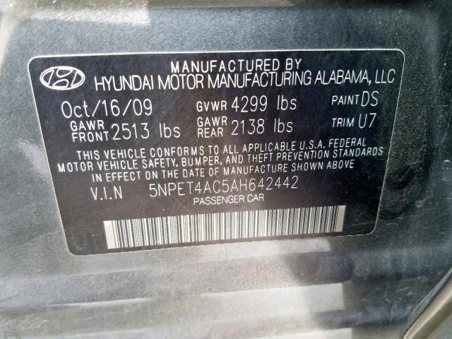 5NPET4AC5AH642442 - 2010 HYUNDAI SONATA GLS CHARCOAL photo 10