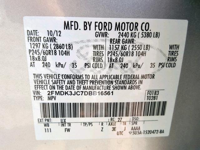 2FMDK3JC7DBB16561 - 2013 FORD EDGE SEL SILVER photo 10