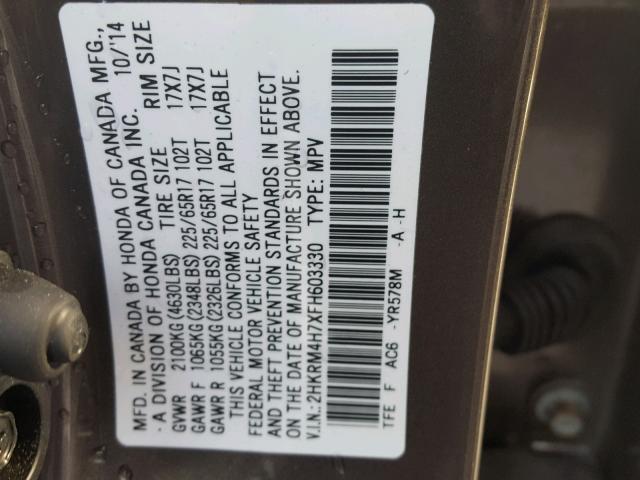 2HKRM4H7XFH603330 - 2015 HONDA CR-V EXL GRAY photo 10