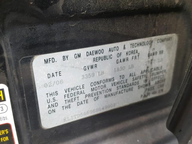 KL1TD56696B649908 - 2006 CHEVROLET AVEO BASE Қара фото 10