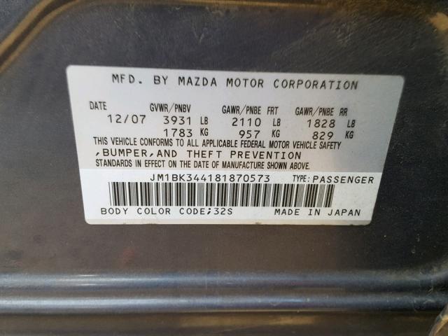 JM1BK344181870573 - 2008 MAZDA 3 HATCHBAC CHARCOAL photo 10