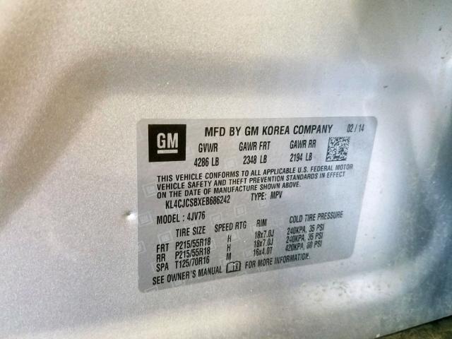 KL4CJCSBXEB686242 - 2014 BUICK ENCORE SILVER photo 10