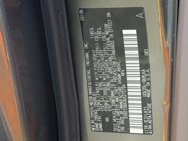 5TDZT38A36S275784 - 2006 TOYOTA SEQUOIA LI CHARCOAL photo 10