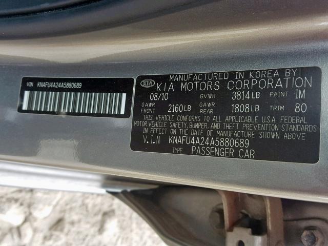 KNAFU4A24A5880689 - 2010 KIA FORTE EX GRAY photo 10