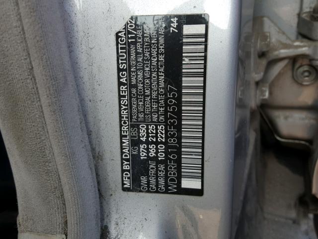 WDBRF61J83F375957 - 2003 MERCEDES-BENZ C 240 SILVER photo 10