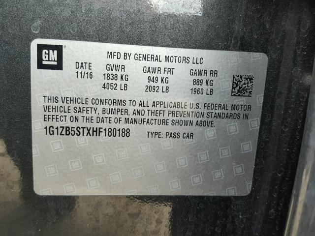 1G1ZB5STXHF180188 - 2017 CHEVROLET MALIBU LS 石墨色 照片 10