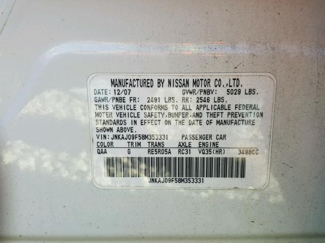 JNKAJ09F58M353331 - 2008 INFINITI EX35 BASE WHITE photo 10