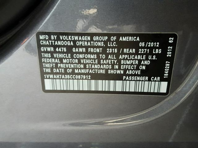 1VWAH7A35CC087912 - 2012 VOLKSWAGEN PASSAT S GRAY photo 10