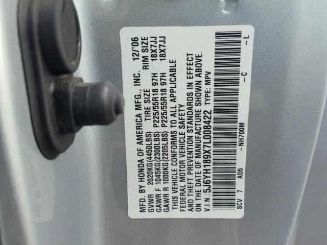 5J6YH189X7L008422 - 2007 HONDA ELEMENT SC SILVER photo 10