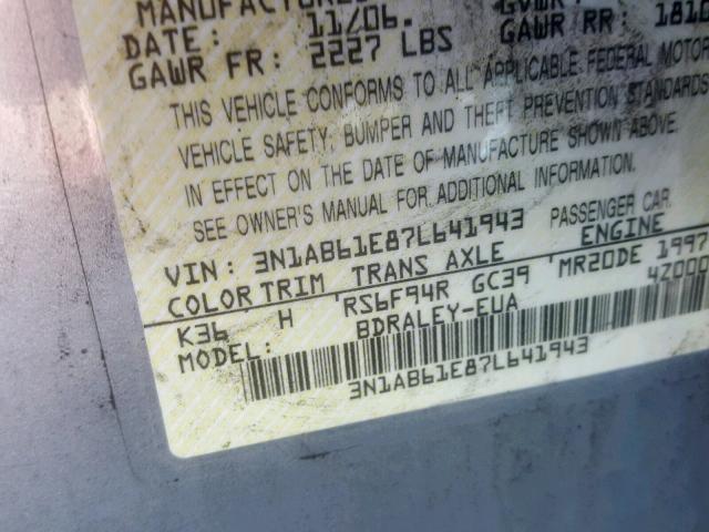 3N1AB61E87L641943 - 2007 NISSAN SENTRA 2.0 SILVER photo 10