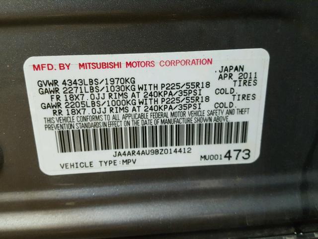 JA4AR4AU9BZ014412 - 2011 MITSUBISHI OUTLANDER GRAY photo 10