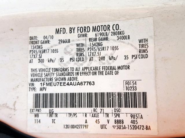 1FMEU7EE4AUA67763 - 2010 FORD EXPLORER E WHITE photo 10