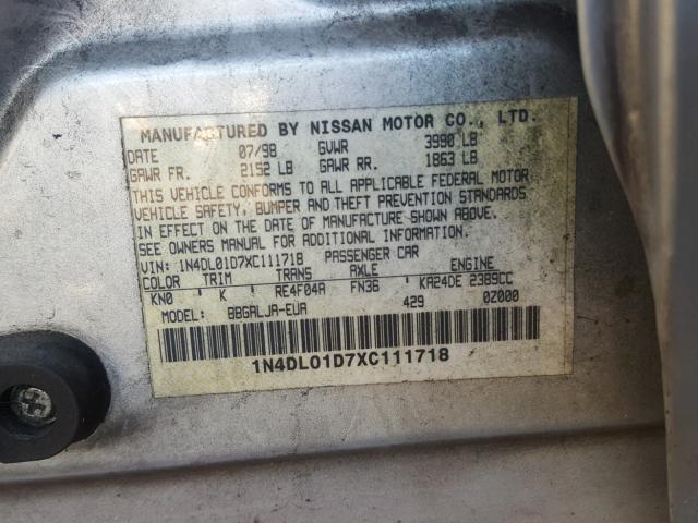 1N4DL01D7XC111718 - 1999 NISSAN ALTIMA XE SILVER photo 10