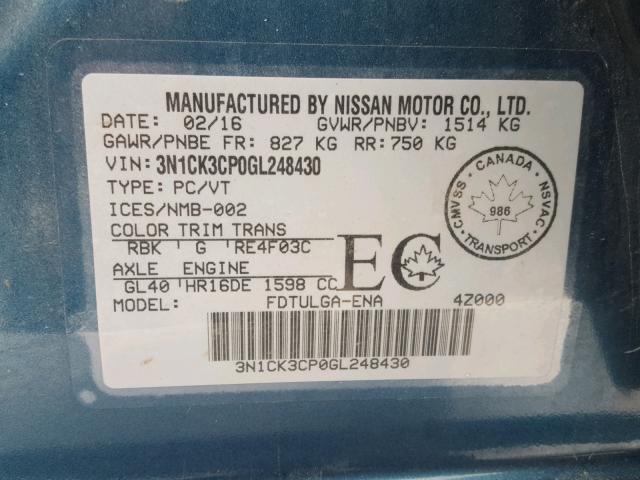 3N1CK3CP0GL248430 - 2016 NISSAN MICRA BLUE photo 10